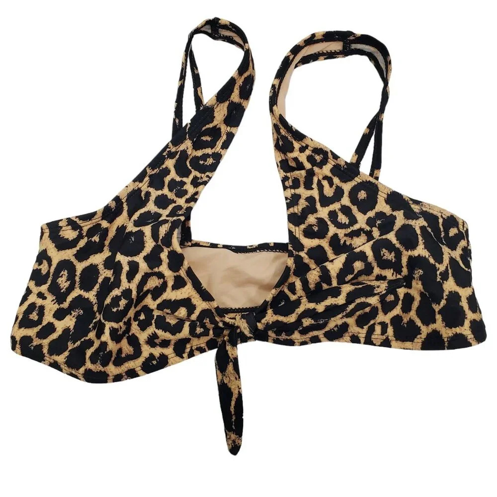 Leopard Print Tie-Front Bikini Top - Brown/Black